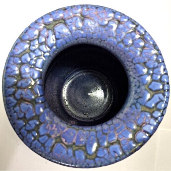 Blue Purple Glazed Rimmed Round Pottery Planter 5" Diameter 4.25" Height Signed - Picture 5 of 6